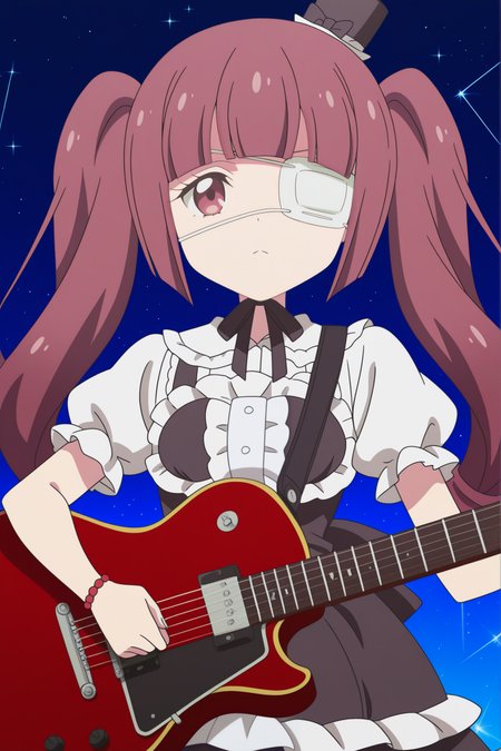 anime coloring, masterpiece, newest, Yurine Hanazono, medical_eyepatch, hat, guitar, upper body <lora:Jashin-chan_Dropkick_-_Yurine_Hanazono_-_illustrious:0.8>