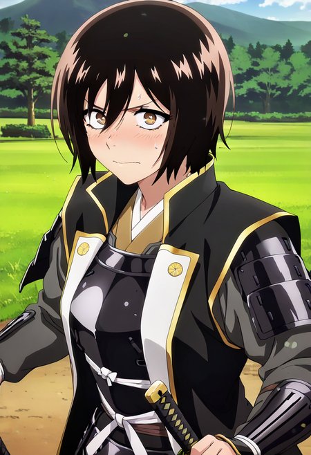 masterpiece, best quality, absurdres, detailed skin, detailed eyes, anime colored, anime screencap,
<lora:Kohakobe_Midori:0.8>, Kohakobe Midori, 1 girl, dark hair, hair between eyes, brown eyes, embarrassed, sweatdrop, looking at viewer, 
<lora:jinbaori:1>, jinbaori, armor, shoulder armor, katana,
outdoors,