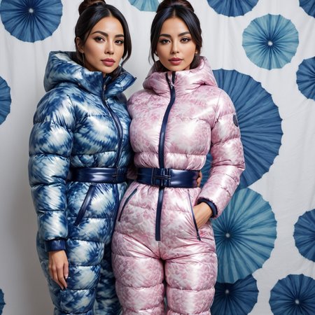 two hispanic 40 year old women wearing aJapanese-inspired prints (e.g., Shibori)   latex downsuit puffer_downsuit , hyperdetailed photography,4k textures,intricate details,4k resolution,  <lora:puffer_downsuit_v1:0.8>