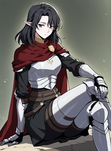 <lora:Aya_Grephin__The_Beginning_After_the_End__Illustrious:1>
1 girl, solo, female elf, medium length black hair, pointed ears, mole under left eye, black eyes, 
dark red cape, red scarf, golden crest, white chest armor, silver gauntlets, armored gloves, black undershirt, dark skirt armor, waist belts, thigh armor, armored boots, cloak fluttering, fantasy knight outfit, fantasy style
(Anime_source),Masterpiece,(perfect female body:1.2), small waist,(incredibly detailed:1.4), slim, looking at viewer, sitting, crossed legs,