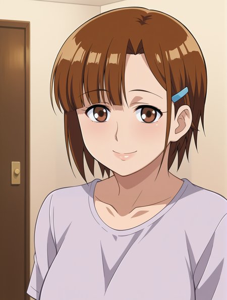 <lora:Kanako_Agahara-Hitozuma_Koukan_Nikki:0.8>,Kanako,mature female,1girl,solo,brown hair,short hair,brown eyes,hairclip,breasts,shirt,upper body,looking at viewer,smile,indoors