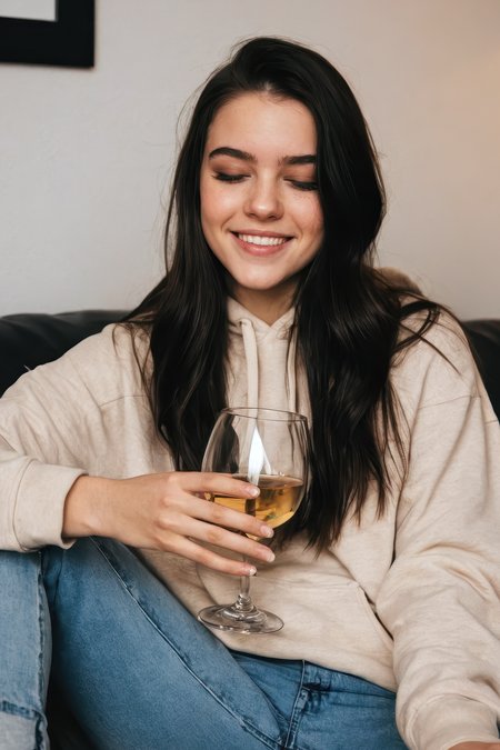 cinematic RAW photo, sdxl_stefduav, giddy smile with closed eyes, hoodie and distressed jeans, sitting on couch, holding a glass of wine, full body pose, soft ambient lighting, warm tones, cozy but chaotic atmosphere, detailed skin texture and raw emotion