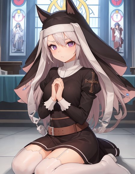 (extremely detailed CG unity 8k wallpaper),(masterpiece), (best quality), (ultra-detailed), (best illustration),(best shadow), (sharp eyeliner, eyeshadow, detailed eyes:1.2), (church,:1.2) own hands together, praying, 
,BREAK
(p7:1.2), seiza, toast in mouth
<lora:P7:1>