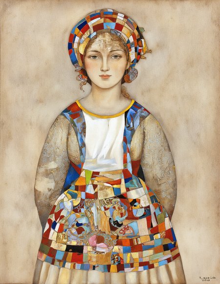 Art by Tigran Matulian. A portrait of a woman, painted in a realistic style with vibrant colors and intricate patterns. the woman is positioned in the middle of the image, facing the viewer with her eyes looking directly at the viewer. she has a neutral expression and is wearing a white dress with a yellow collar. the dress is made up of small, colorful squares and rectangles, creating a mosaic-like effect. the background is a textured, beige-colored paper, giving the image a warm and inviting feel. the artist's signature, "t. matilda," is visible in the bottom right corner, adding a personal touch to the artwork.