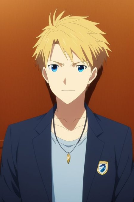 high resolution, solo, best quality, 1Boy, Yamato Ishida, Blond Hair, Blue Eyes, Necklace, school, school uniform, OverallDetail