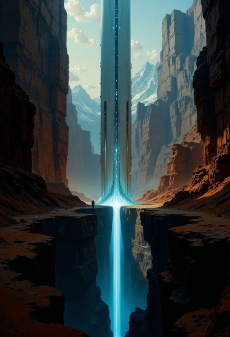 highest details, ultra hyper realism. highly detailed and realistic. intricate and highly professional artwork, an absolute masterpiece.
This is a high-quality CGI artwork depicting a futuristic, white cylindrical tower piercing through a deep, rugged canyon. The tower is centered in the image, emerging from the bottom of the canyon and extending upwards, supported by three long, slender legs. The canyon walls are a deep, reddish-brown with a textured surface, contrasting with the smooth, reflective surface of the tower. The lighting is soft and ethereal, with a blue glow emanating from the base of the tower, creating a striking visual effect against the darker canyon. The sky above is a gradient of blues, adding depth and a sense of vastness to the scene. The camera angle is straight-on, providing a clear, unobstructed view of the tower and canyon. The overall aesthetic quality of the image is very high, with meticulous attention to detail and a visually stunning composition.
Mocha hue and Leather Brown tint, dramatic lighting
<lora:artilands_v02_epoch_6:1>