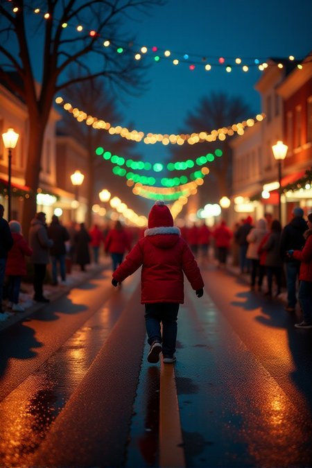 Cinematic style,  <lora:Sinfully_Stylish_.02_for_FLUX:1> A small-town Christmas parade, colorful lights, festive decorations, a happy crowd cheeringâââ