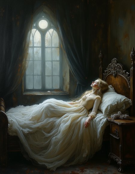An ultra-detailed, portrait oil painting of an old medieval castle dusty room with a young teen princess wearing ornate gown serenely asleep on top of the sheets on a bed. The room looks like nobody has been in it for 100 years, it is very dusty. The princess has white skin and long pale blond hair that fans around her sleep form. Her gown embellished with intricate patterns and delicate embroidery. The bed frame is crafted from dark, polished wood with delicate carvings, the sheets are ornate and the air is filled with an aura of magic. Soft, cool moonlight filters in through a large arched window, casting a gentle, ethereal glow around the room. The room is adorned with ancient tapestries, luxurious velvet drapes, and antique furnishings, creating a timeless, enchanted atmosphere.
Masterful oil painting, oil on canvas, Focus on the girl, shadow and light, Masterpiece, intricate lines, intriguing atmosphere, sharp magnificent details, delicate features, elaborate details, (2\3 rule composition:0.5), ultra detailed, romantic, Rembrandt lighting, brush stroke, lovely, novuschroma, in the style of Rembrandt. vantablack <lora:style_of_Rembrandt_FLUX_135:.8> <lora:- Flux1 - vanta_black_V2.0:.6> <lora:neeeg_f1:-1> <lora:113_novuschromaFLX_1:.2>