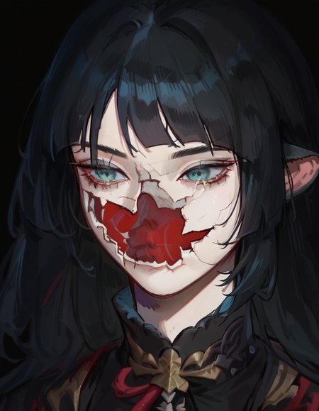 score_9, score_8_up, score_7_up, source_anime, upper body, solo, black background, 1girl, CoverMadrabyNewDad, <lora:CoverMadrabyNewDad:1>, KJOjane, long hair, black hair, aqua eyes, blunt bangs, tail, mouse ears, animal ears, multicolored hair, red colored tips, <lora:Jane_Doe_ZZZ_V2:0.8>