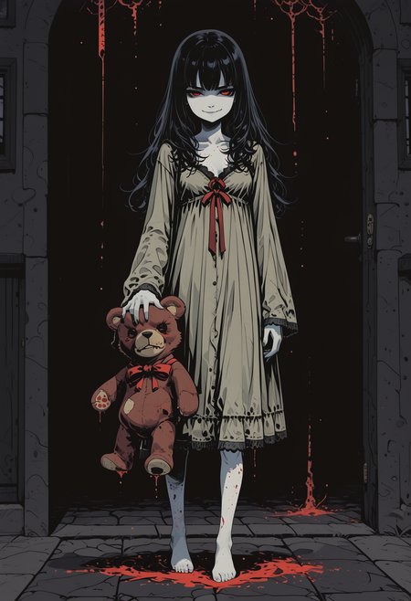 cute, anime, 1girl(black red eyes, evil smirk. fangs, white skin, long dark hair, expressionless, wearing a nightgown, holding a teddybear) standing in a dark old haunted house, glitch effects, blood rain
sinozick style, flat color, dark theme, in the style of cksc, illustration, masterpiece, (extremely detailed CG 8k), (very fine 8K CG), (ultra detailed perfect piece:1.2), lat color, no lineart,,(no lineart, flat art style:1.0), NO_LINE_ART, comical, simple,
 <lora:Sinozick_Style_XL_Pony:0.35> <lora:NOOB_vp1_detailer_by_volnovik_v1:1> <lora:ponyv6_noobV1_2_adamW:0.9> <lora:ck-shadow-circuit-IL:1>