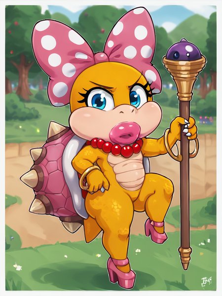 <lora:WendyKoopa1.0:1> wendykoopa,  yellow skin, pearl necklace, thick lips, polka dot bow, blue eyes, solo, staff, shortstack,high heels, cute,short , 1girl, furry female, spiked shell, tail, looking at viewer,<lora:Smooth Anime Style LoRA XL:1>