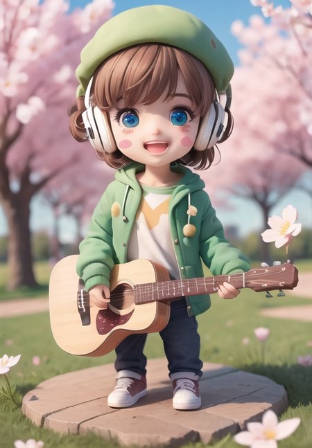 (masterpiece),(best quality),(ultra-detailed), (full body:1.2), 1boy,chibi,cute, smile, open mouth, flower, outdoors,playing Piano, music, beret, holding guitar, jacket, blush, tree, :3, shirt, short hair, cherry blossoms, green headwear, blurry, brown hair, blush stickers, long sleeves, bangs, headphones, black hair, pink flower, (beautiful detailed face), (beautiful detailed eyes), <lora:blindbox_V1Mix:1>