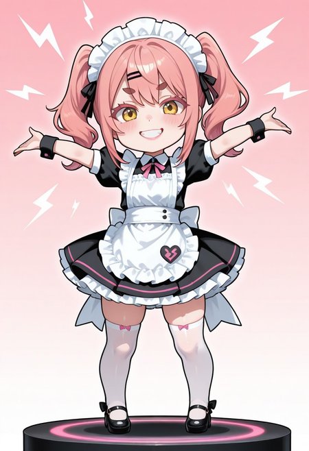 slightly Petite girl, beautiful girl, beautiful feminine figure, healthy waistline, bright and rosy skin, lips with natural pink lipstick, 
semi-long wavy pink hair, bangs over eyebrows, medium sidelocks, pink slightly-thin eyebrows, glay eyes, detailed clear eyes, thick dark-pink eyelashes, 
cheek slightly blush, innocent cute smile,
maid outfit, frilled maid apron, frilled skirt, thigh high socks, maid shoes, maid head dress,
single small thick lightning volt mark of vivid yellow, volt mark above head, clip art emoji of yellow volt, arms raising, clip art of thunder bolt on head,
standing,
1girl, chibi ,big head, mini person, deformed  ,super deformed,
cute simple background, 
looking at viewer. cute smile teeth, on black circle stage, elegant stage,
masterpiece,8k,high resolution, unity 8k wallpaper, detailed face, detailed CG, ( perfect anatomy), (high quality, best quality) (curvy:1.2)(shiny skin:1.2),amazing quality, very aesthetic, absurdres, newest