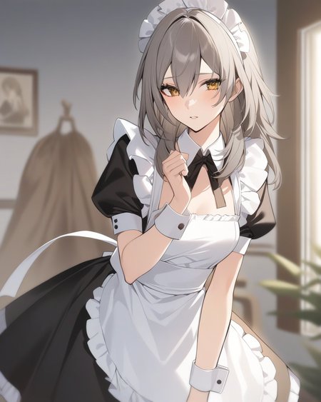 masterpiece,best quality,<lora:star_rail_all:1>,1girl, maid, maid apron, maid headdress, grey hair, medium hair, alternate costume, black dress, broom, frilled apron, hair between eyes, highres, honkai: star rail, honkai \(series\), juliet sleeves, stelle \(honkai: star rail\), trailblazer \(honkai: star rail\), waist apron, white apron, wrist cuffs, yellow eyes