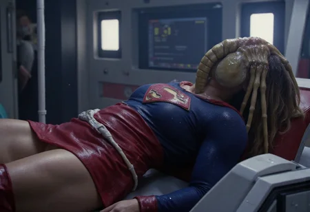 <lora:Xenomorph_Facehugger_Attack_-_Alien_Flux_v2:0.7>(Xenomorph Facehugger),A live-action photorealistic scene in a futuristic sci-fi medical bay. A curvy, unconscious woman with long, blonde hair lies on a high-tech medical bed. She is wearing the iconic red and blue Supergirl uniform from the Supergirl TV series starring Melissa Benoist â complete with the tight blue top with the red 'S' emblem, red skirt, and thigh-high red boots. Her body glistens slightly with moisture, as if covered in sweat or mist. She is restrained at the waist with a futuristic white medical belt. An alien facehugger (inspired by H.R. Gigerâs Alien franchise) is latched tightly onto her face, with spider-like legs gripping her head and a muscular tail coiled under her jaw. The background shows a dimly lit spaceship medbay with flickering monitors and sci-fi instruments. The lighting is cinematic, with cool blue tones and shadows that heighten the drama. The scene mixes superhero vulnerability with tense sci-fi horror, rendered in ultra-photorealistic, cinematic quality.
<lora:EXM:0.36> ,<lora:Flux Muscle v2 fp8:0.33>, <lora:Facehugger:0.5>, <lora:supergirl_dev_f1:0.3>, <lora:MysticXXX-V6:0.6>