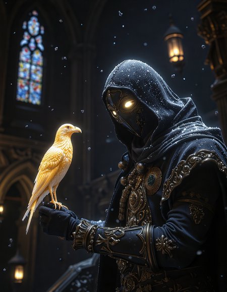 A mysterious, hooded figure clad in dark, ornate armor. The figure's face is obscured by a mask with glowing, otherworldly eyes. Snowflakes fall around them, adding to the cold, wintery atmosphere. The armor is detailed and intricate, with gold accents and elaborate carvings. Perched on the figure's forearm is a glowing, translucent golden big raven, its ethereal form casting a soft light that contrasts with the darkness around it. The background features a dimly lit, gothic cathedral with towering spires and stained glass windows, enhancing the haunting atmosphere. The composition is close-up, emphasizing the figure's armor, the intensity of their gaze, and the otherworldly presence of the glowing golden raven. The style remains dark, atmospheric, and mysterious, <lora:aidmaMJ6.1_v0.3:0.5>, <lora:flux.1_lora_flyway_Epic-detail_v2:0.6>, <lora:anhei_first_flux_lora_v1:0.7>