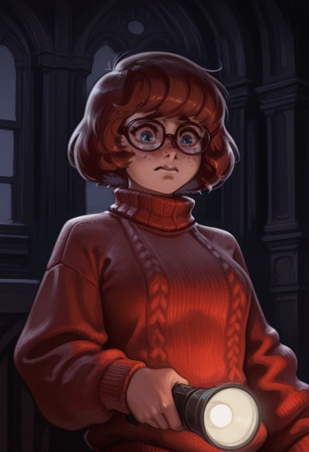 forbiddenstyle, masterpiece, best quality, solo,                                                                                                                                                                                      velma dace dinkley, sweater, glasses, freckles, spooky mansion interior, holding flashlight, worried, dark lighting, cinematic, 