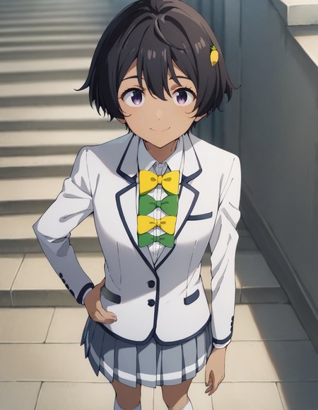 score_9, score_8_up, score_7_up, source_anime, BREAK
1girl, solo, looking at viewer, blurry background, light smile, hand on waist, standing, from above, outdoors, grass, stairs
lemon yakishio, short hair, black hair, hair between eyes, ahoge, lemon hair ornament, purple eyes, dark skin,
winter school uniform, white blazer, white collared shirt, long sleeves, yellow bowtie, green bowtie, grey pleated skirt, white socks, 
<lora:lemon_yakishio_anime_v3-soralz:1>