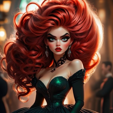 Score_9, score_8_up, score_7_up, score_6_up, BREAK <lora:3D_Fairytales_r2:1> 3D Fairytales, The image shows a woman with long red hair wearing a black dress standing in front of a blurred background. Her face is clearly visible with her eyes looking directly at the viewer., 1girl, solo, red hair, jewelry, dress, long hair, earrings, makeup, breasts, floating hair