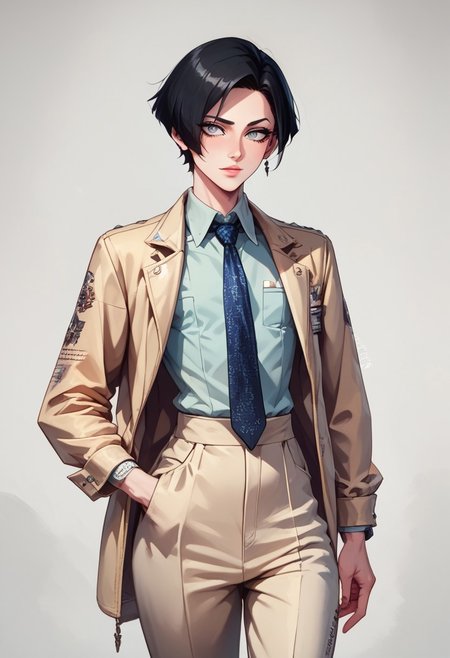 score_9, score_8_up, score_7_up, 1boy, femboy, otoko no ko, short hair, bob cut hair, black hair, grey eyes, gray eyes, feminine face, toned body, Shelly, 1930s fashion style, vintage, collared shirt, jacket, tie, pants, formal, highly detailed, intricate, zzCitronCAT, pose, modelshoot