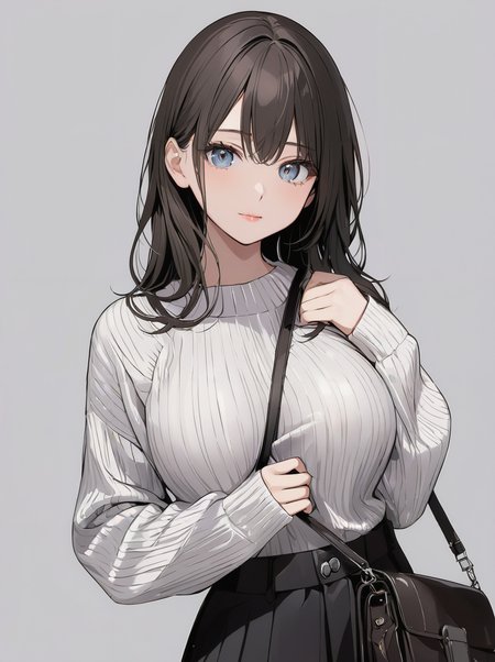 masterpiece,ultra-detailed,best quality,8K,illustration,cute face,clean skin ,shiny hair,girl,ultra-detailed-eyes,simple background, <lora:add-detail-xl:1> <lora:strap between breasts_XL_V1.0:0.6> strap between breasts,between breasts,sweater,bag