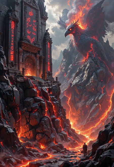 in the style of ck-ovf, A massive stone temple perched on the edge of a volcano, with fiery red runes glowing on its walls. Inside, a giant statue of a Phoenix with gemstone eyes stands guard, surrounded by altars and ancient scrolls. Lava flows from cracks in the floor, casting a fierce, red-orange light on the templeâs stonework, giving the scene an intense, fiery atmosphere filled with the energy of rebirth.<lora:ck-OneViolentFantasy-000021.safetensors:0.6:0.6>