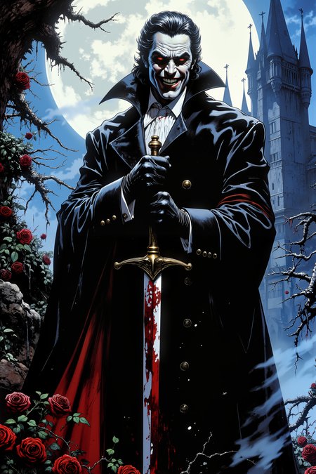 A vampire lord, draped in a long, flowing black coat, his alabaster skin nearly glowing in the dim light of a full moon, bares his razor-sharp fangs in a wicked grin. His crimson eyes gleam with hunger, fixated on an unseen prey just beyond the frame. His raven-black hair, slicked back, shimmers with an unnatural shine, while his elegantly gloved hands grip the hilt of a ceremonial dagger, dripping with fresh blood. His aristocratic features are flawless and cold, with a regal sneer playing at his lips as he relishes in the chaos unfolding around him. The air around him seems to vibrate with dark magic, swirling in subtle shadows that cling to his tall, lean form. Behind him, the gothic architecture of a distant castle looms under the silver moonlight, its spires twisted and foreboding. A faint mist curls around his feet, and the scent of roses and blood lingers in the air. His posture is poised, calm, but his eyes betray the feral intensity of the predator beneath the refined veneer. <lora:Vintage comic book:1.5>