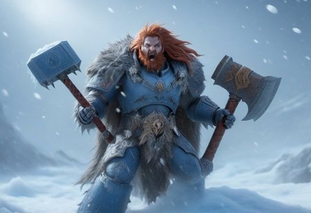 Space wolf, transforming into wolfman, werewolf, wulfen, armour breaking, slashing, turning, slashing, claws, gauntlets breaking, transform, battle, armor breaking, power armor, fur cloak, brown-red hair, beard, braids, mighty, gripping a power axe with a long handle which glows with blue runic energy along the cutting edge, snow, ice, blizzard, battlefield, leaping, glory, charging, fangs bared, swinging axe, high res, claws, fight horde, high def, best quality