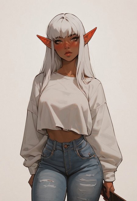 score_9, score_8_up, score_8_up, elf, 1 elf girl, white hair, bangs, photoshoot with skateboard, posing cute, posing sexy, nsfw, portrait, tanned skin, ((oversized jeans, loose oversized skater shirt)), shy, blushing, teardrop shaped tits, thick thighs, fit body,thin waists, from waist up, beautiful, studio lighting, negative_hand, g0thicPXL, GTA