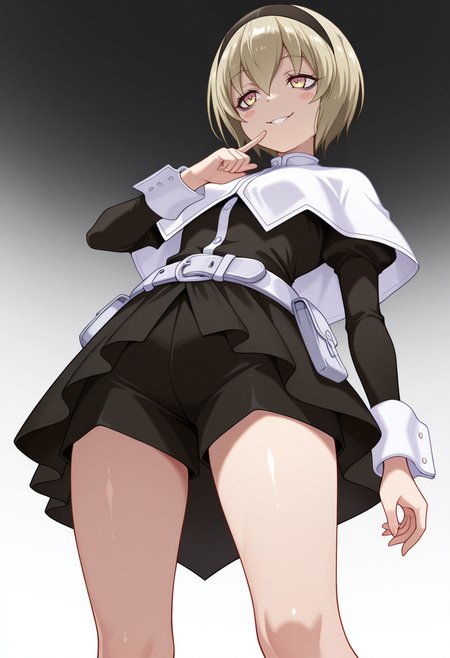Smooth Quality,masterpiece,very intricate, high quality details, ultra realistic, high detailed skin,detailed enviorement,absurdres,
index finger raised,
 <lora:Pekora_CNR:0.8> pekora_cnr, 1girl, blonde hair, short hair, bangs, yellow eyes, multicolored eyes, shiny hair black hairband,bags under eyes,pekora_def_cnr, black dress, white capelet, black skirt,white belt, long sleeves, shoes, pouch,, evil smile,, simple background, white background, from below,solo,