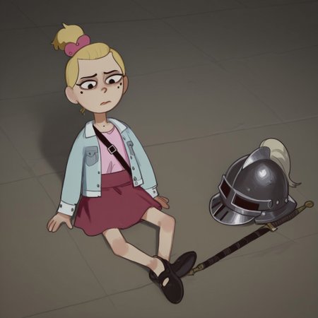 Sasha, 1girl, alone, short stature, blonde hair tied in a ponytail with a dark pink bow, mole on left cheek, light blue jacket, light pink shirt, dark pink skirt, black strap shoes
Mossastyle
Sasha sits on the floor, removing a black medieval knight's war helmet. Sad expression