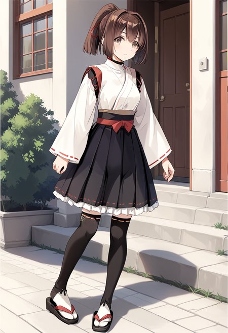 solo, walking,<lora:KC_05BB_ise_pony-000036:1>  isekc, brown hair, ponytail, hair ribbon, red ribbon, brown eyes,    iseremodel2kc, long_sleeves_black_skirt,  japanese_clothes, black turtleneck, white shirt, pleated skirt, frilled skirt, black legwear, white socks, black footwear, black zouri, black sandals, score_9,score_8_up, score_7_up, source_anime, masterpiece, best quality,  official art, official style, game cg, megami magazine, rating_safe, rating_questionable, <lora:Fixhands_anime_bdsqlsz_V1:0.75>,