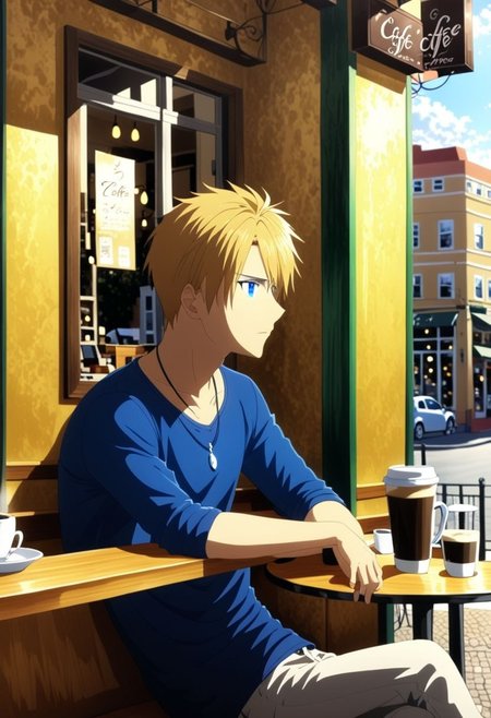 high resolution, solo, best quality, 1Boy, Yamato Ishida, Blond Hair, Blue Eyes, Necklace, cafe, corner, sit, casual, coffee, waiting, wide mirror, outside view, OverallDetail