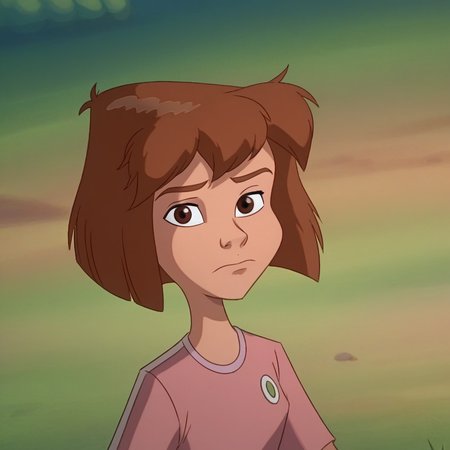 score_9_up, score_8_up, BREAK, BudgieFerngully, 1girl, solo, brown hair, short hair, brown eyes, pink shirt, upper body,  <lora:Budgie_Ferngully_PXL_Leaf2:1>, looking at viewer, closed mouth,