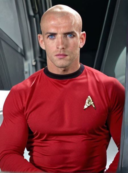 1boy, 20 year old male, Handsome, masculine, blonde, star trek, red shirt, muscle,  tall, tight shirt, wide pectorals, big shoulders, wide shoulders, muscular neck, German, bald, big pale blue eyes,

stunf, star trek uniform,