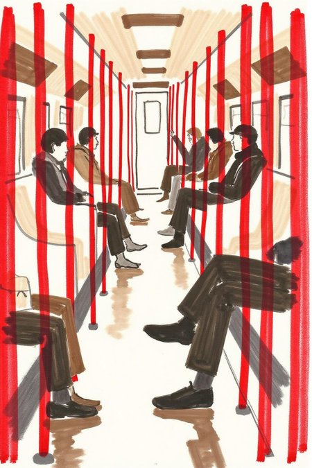 watercolor illustration.  
A scene inside a subway train. With passengers show side way in profiles. The interior of the train is shown with vertical red lines, representing poles. <lora:minink1_cap_d6a3e12:1.0><lora:825118382404700875:0>