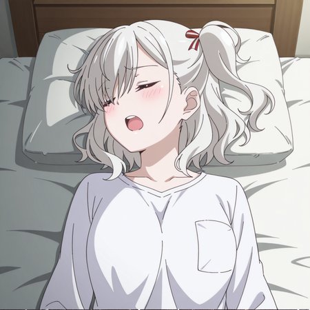 nsfw, masterpiece, best quality, 1girl, solo, warlords_of_sigrdrifa_komagome_azuzu,  lying on back, open mouth, closed eyes, grey hair,blush, white shirt, short hair, bedroom, bed, <lora:Komagome_Azuzu_-_Warlords_of_Sigrdrifa:0.7>