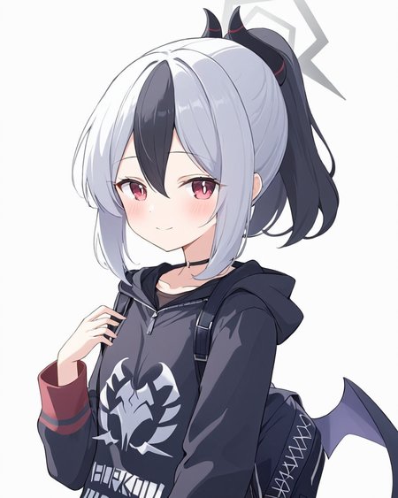 kayoko \(blue archive\),1girl, solo, horns, looking_at_viewer, ponytail, halo, smile, simple_background, mole_on_neck, white_background, black_hoodie, holding, blush, upper_body, closed_mouth, long_sleeves, heart, black_choker, v, collarbone, backpack, wings, hood_down
<lora:kayoko_(blue_archive)_image1860_2023-11-28-000012:1>halo. gorgeous,key visual, vibrant, studio anime,award-winning, professional, highly detailed,high budget, cinemascope