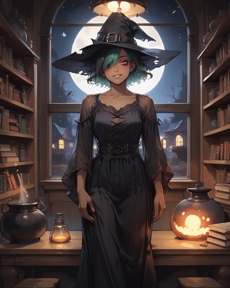 (score_9, score_8_up, score_7_up), source anime, indoors, village, night, living room, cabinet, window, potions, shelves, library,  (night), stars, cosmos, <lora:backgroundsetXL:0.2> , background, solo, woman living room standing, <lora:Expressive_H:0.8> , expressiveh,  <lora:add-detail-xl:1>, detailed, female focus, blush, looking at viewer, <lora:HandFixer_pdxl_Incrs_v1:0.5> , handfixer, depth of field, highly detailed, hair over one eye, bags under eyes, black hair, short hair, two-tone hair, (dark skin), (dark-skinned female), green hair, red eyes, corset, (witch), witch hat, smile, cowboy shot, uncensored, gown, bat wings, dress,  <lora:ph4nt0m01lXLP:0.9> , ph4nt0m01l, dark colors, dark theme, spooky, floating objects, cauldron,