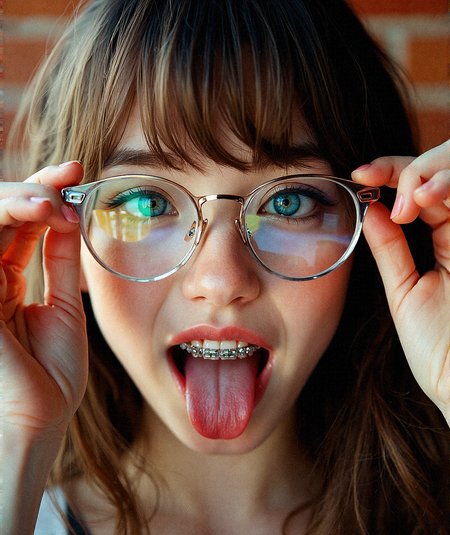 semi-realistic close-up portrait of a nerdy beauty with glasses and braces, (Both hands gently holding her glasses, as if adjusting them, with her mouth opens, tongue out).

Her glasses are clear-framed, highlighting her expressive (bright aqua eyes). The reflection on the lenses captures subtle details of the surrounding environment without obscuring her gaze. (Side-Swept Bangs with Layers: Long, side-swept bangs that frame the face and blend into long layers), with a few strands catching the natural light, creating a delicate glow. The intricate braces on her teeth, with shiny metallic wires and brackets, add a youthful and relatable touch to her smile. The lighting is soft and natural, possibly from a nearby window, casting gentle highlights on her face, emphasizing the texture of her skin, the smoothness of her lips, and the sparkle in her eyes. Her lips have a natural pink tint, and her eyebrows are neatly shaped, adding definition to her face. The background is softly blurred with a warm-toned brick wall, ensuring that all attention is on her facial features. Focus on capturing every detail with precision—from the shine on her braces to the tiny reflections in her eyes, down to the texture of her skin. The image should evoke a sense of warmth, authenticity, and casual charm, with a high level of realism that makes the viewer feel as if they are standing right in front of her.







