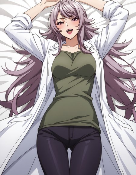 score_9, score_8_up, score_7_up, source_anime, uncensored, <lora:StS_detail_slider_v1:3>, zPDXLxxx, <lora:Rie_Sawada_PONYXL_VexVexX:1>, RieSawada, purple eyes, purple hair, long hair, bangs, makeup, lipstick, medium breasts, green shirt, black pants, labcoat, sleeves rolled up, cowboy shot, bedroom, from above, laying on back, on bed, arms up, hands, incoming hug, reaching, reaching towards viewer, thighs, looking at viewer,