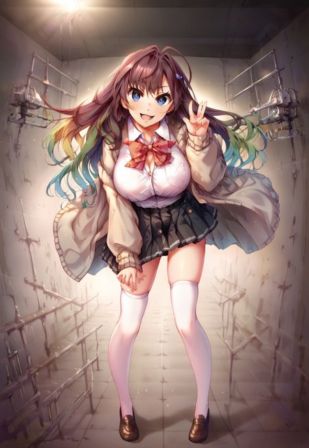 safe_pos, safe_pos, safe_pos, safe_pos, safe_pos, score_9, score_8_up, score_7_up, score_6_up, masterpiece, source_anime, high quality, perfect face, detailed eyes, perfecteyes, perfect balance, detailed face, perfect lighting, detailed background, uncensored, newest, absurdres, highres, very aesthetic, indoor, laboratory, dark atmosphere, dark, night,
uncensored, 
ichinose shiki, long hair, brown hair, blue eyes, school uniform, loafers, white thighhighs, cardigan, loose bowtie, black skirt, 1girl, solo, open mouth, smile, large breasts, skindentation, pleasure, full body, long legs, size difference, larger female, tall female, looking at viewer, long calves, long legs, from below, low angle, peace sign,
standing, gradient hair, tall_girl,long_legs,