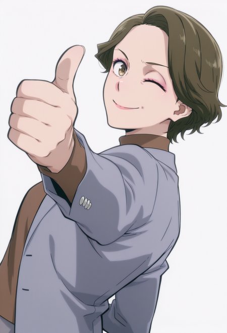 anime screencap, anime coloring,    <lora:DX888Shoko:1>  haimawari shoko, brown eyes, brown hair, short hair, makeup, mature female, wrinkled skin, 
grey blazer, turtleneck sweater, brown sweater, grey skirt BREAK simple background,  white background, BREAK  1girl, closed mouth, finger gun, one eye closed, pointing, pointing at viewer, smile, upper body, solo, from below, from side,  dutch angle,