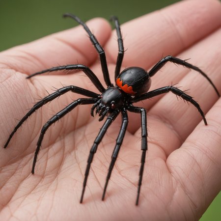 (black widow spider:1.4) on hand macro photo