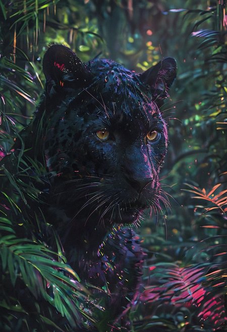 An ultra-realistic depiction of a black panther in a dark, ambient jungle setting. The panther's fur is intricately detailed, with a glossy sheen that catches the faint light filtering through dense foliage. glitched aesthetic that introduces unexpected distortions and color shifts. Shadows play across the scene, emphasizing the panther's powerful presence as it prowls through the lush, dark undergrowth.
[style of greg rutkowski,janek sedlar,jenny saville:0]  <lora:vivid_everclear:0.35>  <lora:Sinozick:0.35>  <lora:MJ52:0.35>