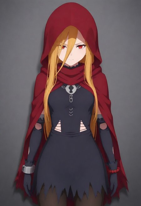 masterpiece, best quality, amazing quality,,, shiny skin,,,,,, <lora:Evileye:1> N4rb3r4lG4mm4, red eyes, blonde hair, very long hair, hair between eyes, torn clothes, hood, pantyhose, black dress, gloves, chain, hooded cloak, shackles,