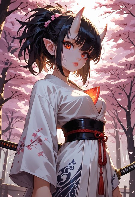(((gardevoir))), female, anthro, porcelain white skin,zPDXL3, score_9, score_8_up, score_7_up, 1girl, Gardevoir, Oni horns, solo, 21year old, black hair, messy ponytail, fringe, black eyes, medium breasts, petite body, glossy skin,samurai spirit, oni, battle-worn outfit, cherry blossoms, moonlit sky, scattered petals, ancient katana, kanji tattoos, looking at viewer, eye contact, dutch angle, warm light, godrays, volumetric lighting, vivid colors, painterly, glitch art photo,