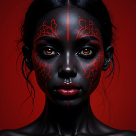 A portrait of a woman with deep black skin is beautifully adorned with a subtle red pattern that gently weaves across her face, enhancing her striking features and creating a captivating contrast that draws the eye.<lora:MyLoras\Cuteism\Flux_CuteismV1a.safetensors:1.0:1.0> <lora:MyLoras\FantasmV1\Flux_Fantasm.safetensors:0.5:0.5> <lora:Merge\best_of_flux_v30_rank64_bf16-step01750.safetensors:0.5:0.5>