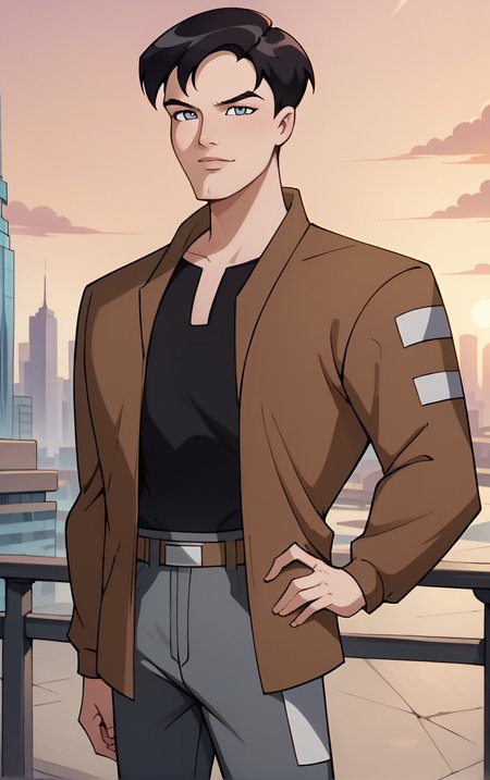 score_9, score_8_up, score_7_up, BREAK
BrownJacket_TerryMcGinnis_ownwaifu, 
1boy, black hair, grey eyes, short hair, bangs, 
bomber jacket, brown jacket, popped collar, black shirt, open jacket, long sleeves, belt, pants, grey pants, brown coat, collared shirt,
(contrapposto, hand on hip), sunset, sidelighting, cityscape, vanishing point, outdoors,  depth of field, solo,  
<lora:PONYXL_DC_BatManBeyond_TerryMcGinnis_ownwaifu_r1:1> , depth of field, 
,