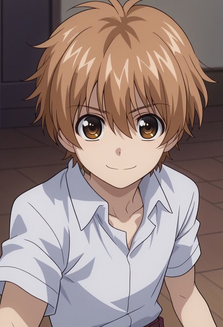 score_9, score_7_up, source_anime
miwahiro, 1boy, male focus, solo, brown eyes, brown hair, hair between eyes, school uniform, shirt, collared shirt, white shirt, short sleeves, smile
outdoor,